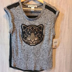 Ransom Tiger Sequin Mesh Top Womens Medium Gray Black